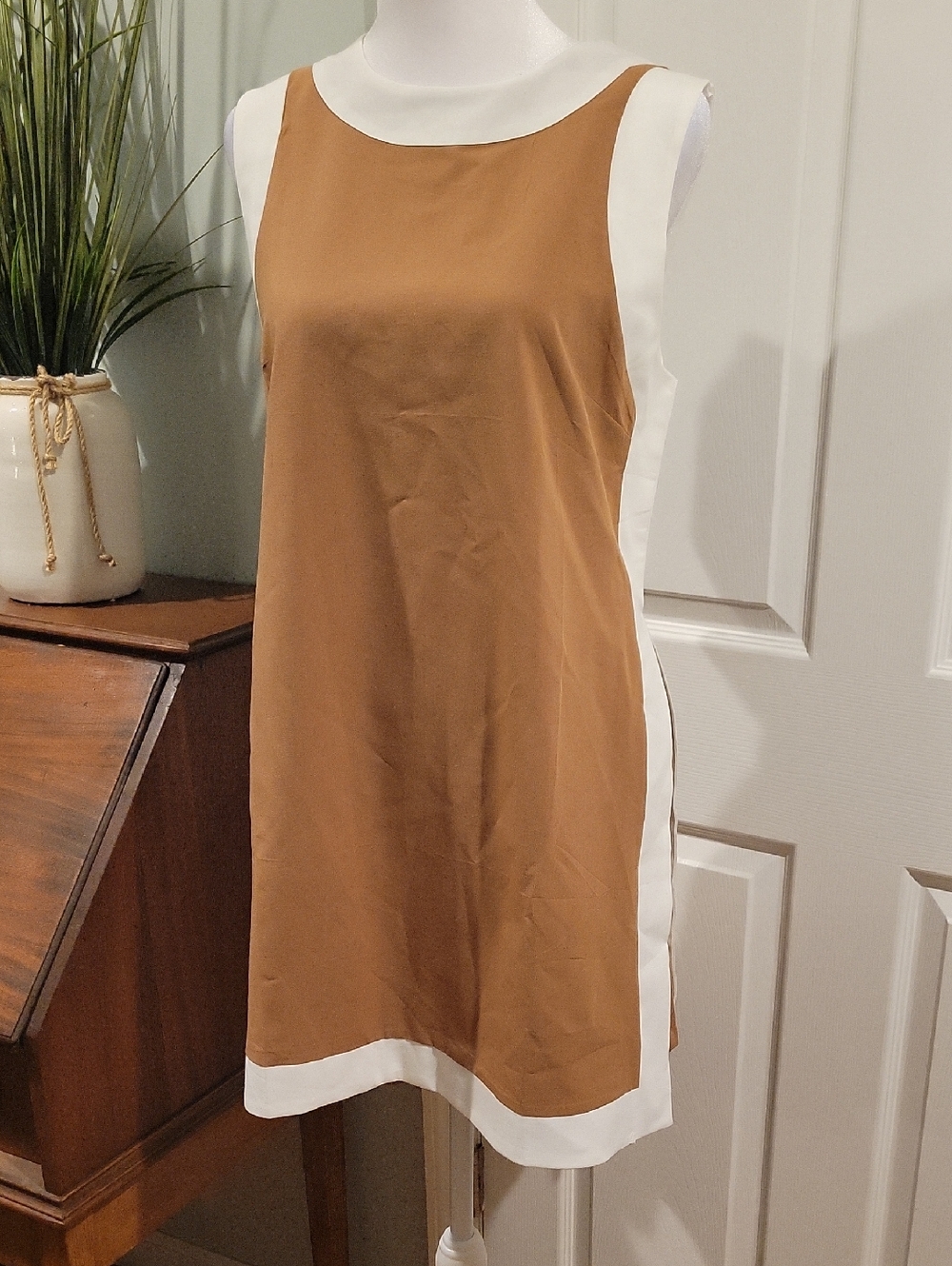 Classic Tan Shift Dress with Cream Trim Coord Set